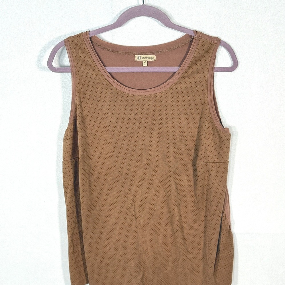 Democracy Womens Camel Brown Perforated Faux‎ Suede Mixed Media Tank Top Large